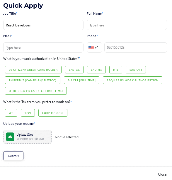React developer job apply